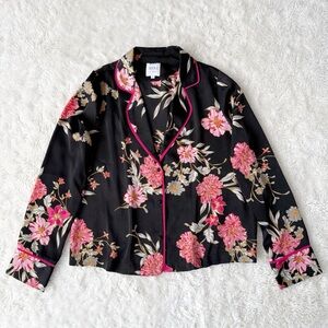 Misa Los Angeles Woman Black Satin Floral Button Down Pajama Style Blouse SMALL